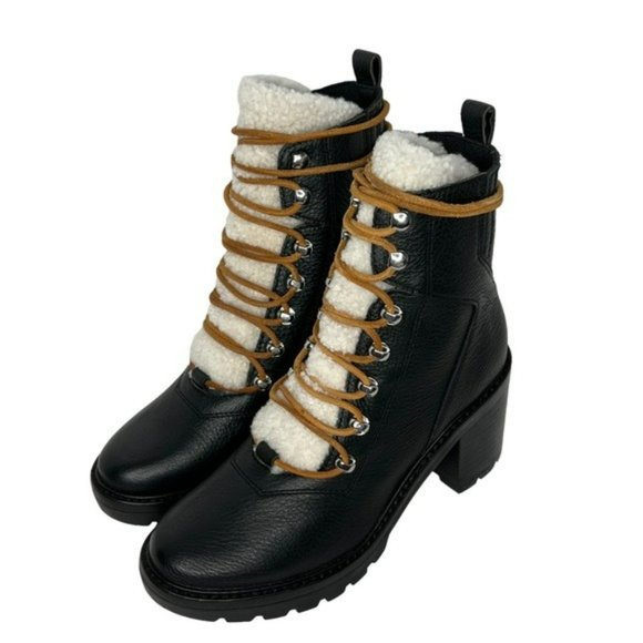 Marc Fisher Black Denise Leather Sheep Fur Combat Moto Ankle Boots Size 7.5M - Picture 14 of 16